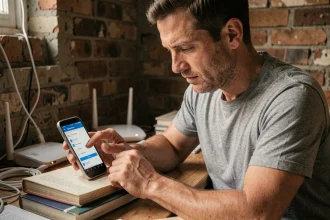 Homme mettant à jour son smartphone Android en zone de connexion limitée depuis un bureau à domicile