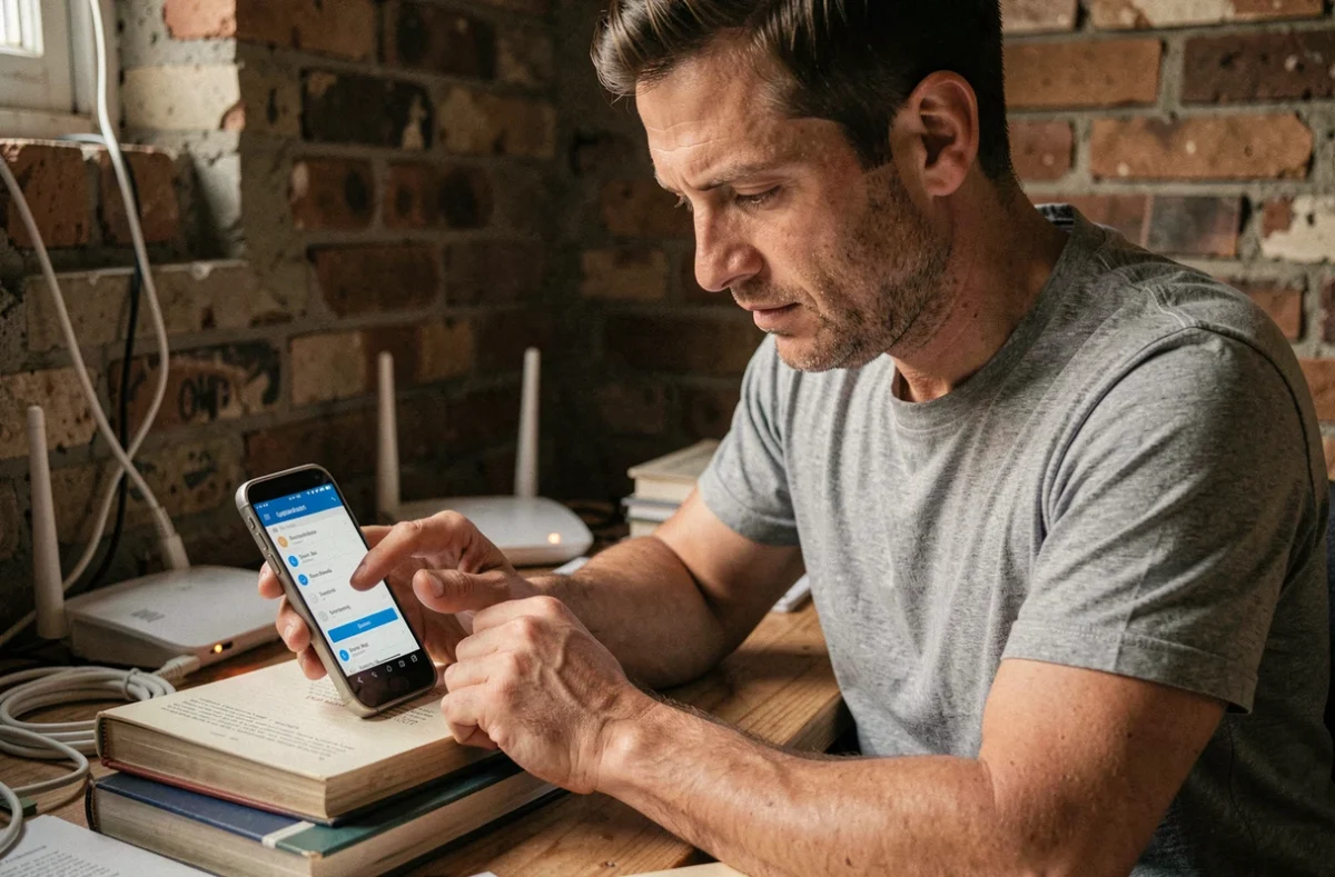 Homme mettant à jour son smartphone Android en zone de connexion limitée depuis un bureau à domicile