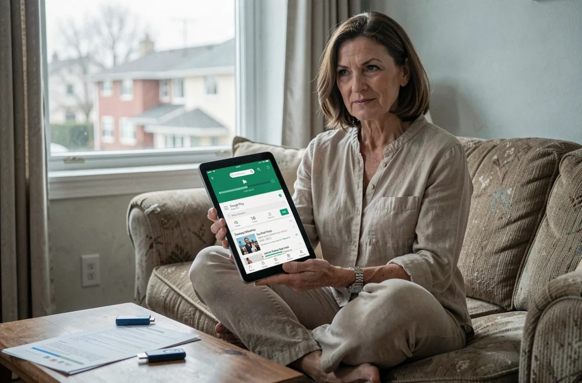 Femme mettant à jour une tablette Google sans connexion haut débit depuis son salon