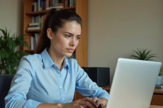 Femme frustrée devant un ordinateur portable affichant un formulaire de connexion avec champ de mot de passe oublié sur un webmail académique