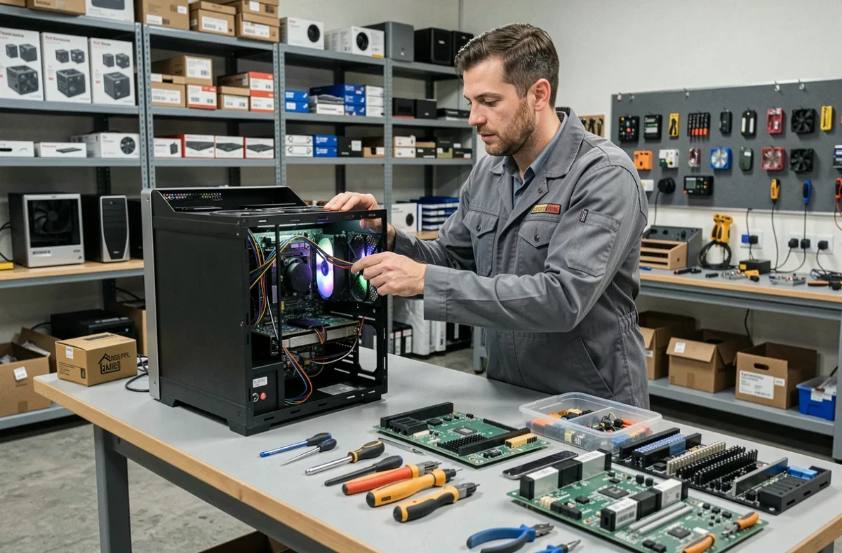 Ingénieur de MP Conception assemblant un poste de travail personnalisé dans un atelier informatique professionnel