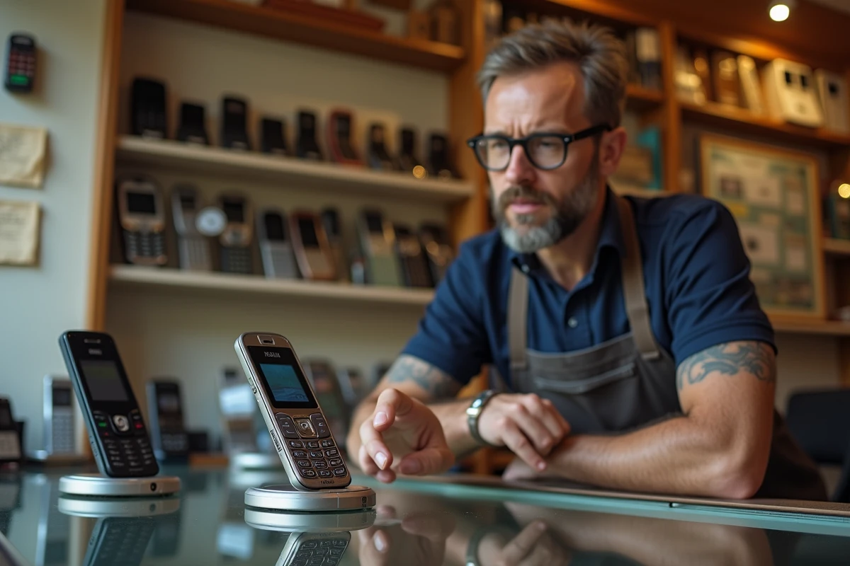 Boutique spécialisée en téléphones vintage avec un Nokia 8800 exposé avec étiquette de prix