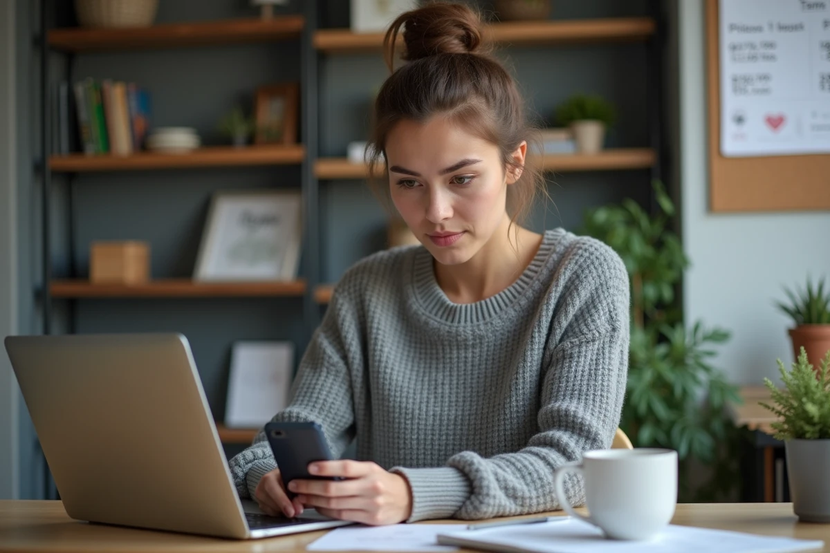 Femme comparant les prix du Nokia 8800 en ligne depuis son bureau à domicile