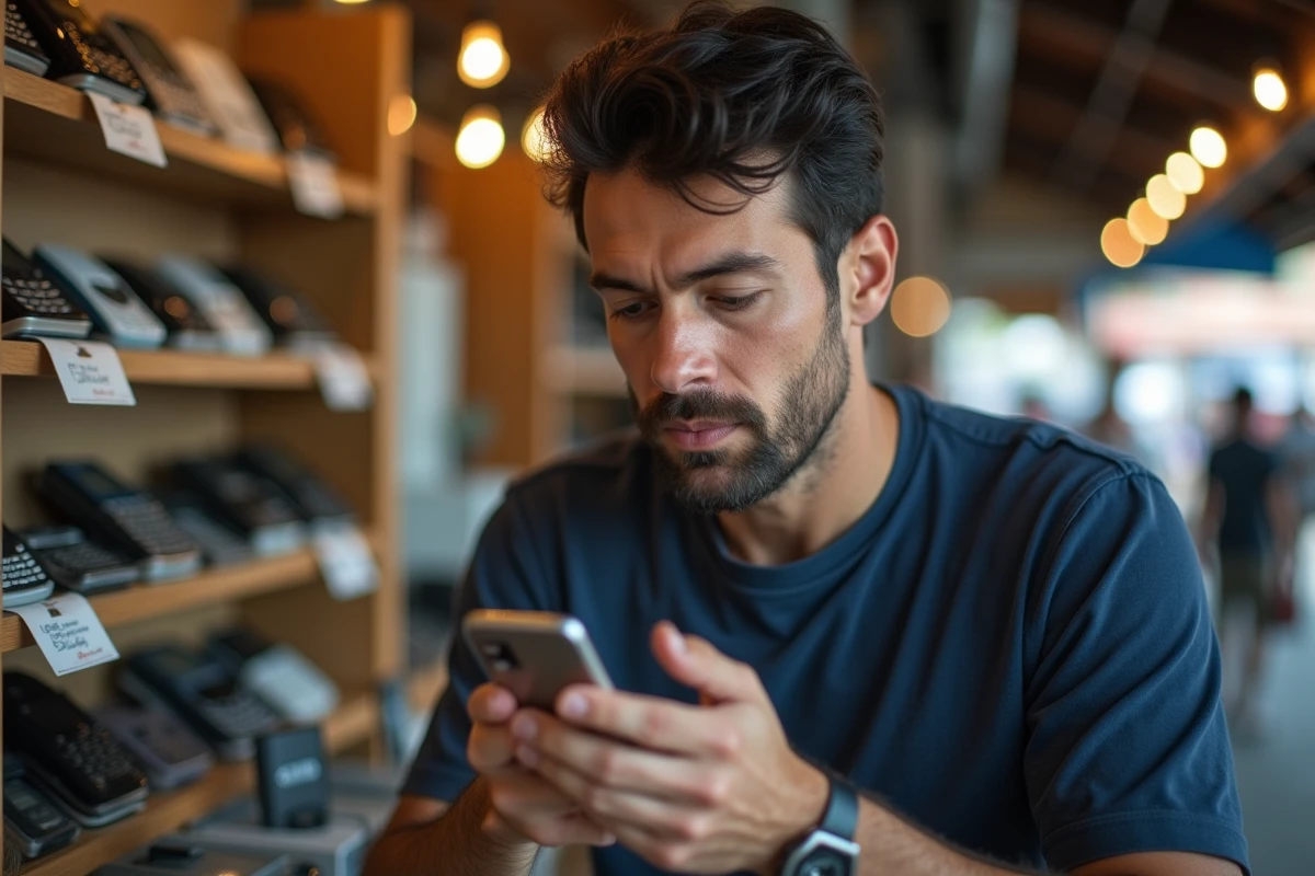 Homme examinant un Nokia 8800 sur un marché de téléphones d'occasion pour trouver le meilleur prix