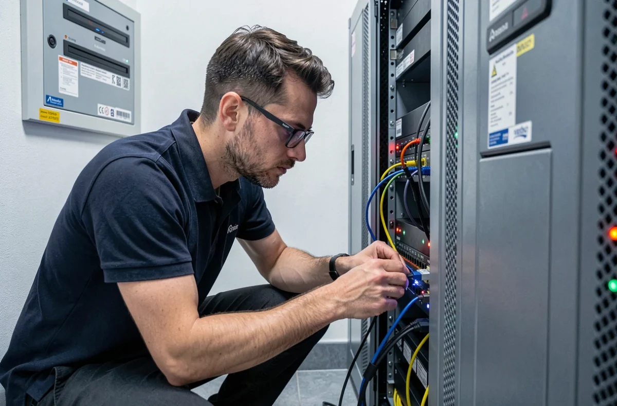 Technicien d'One Computer Services effectuant la maintenance d'une baie de serveurs dans une salle informatique professionnelle