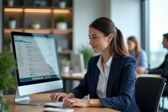 Femme professionnelle organisant son carnet d'adresses dans un webmail sur ordinateur de bureau en open space