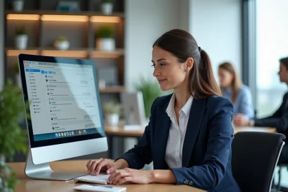 Femme professionnelle organisant son carnet d'adresses dans un webmail sur ordinateur de bureau en open space