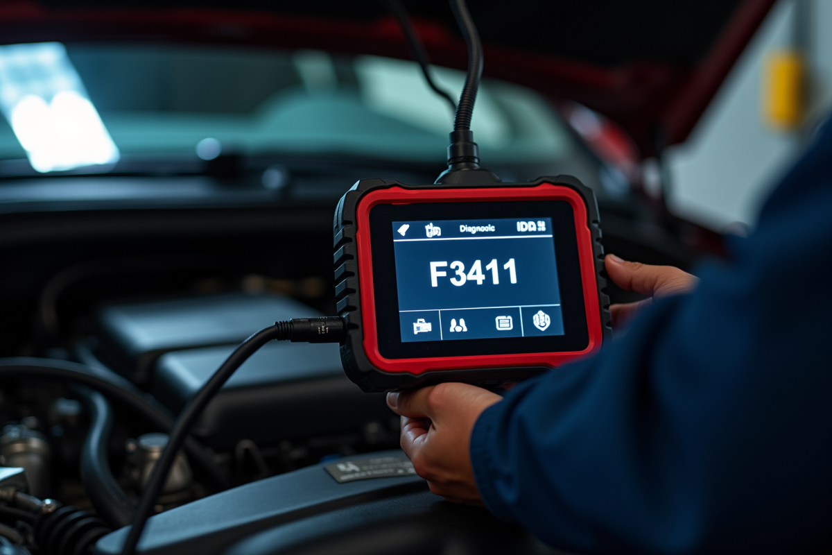 Outil de diagnostic connecté au moteur avec code F3411 visible