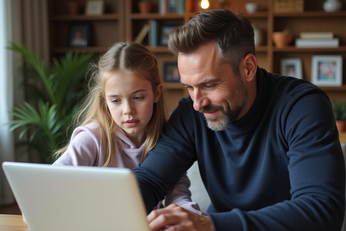 Père et fille concentrés sur un ordinateur dans un salon chaleureux