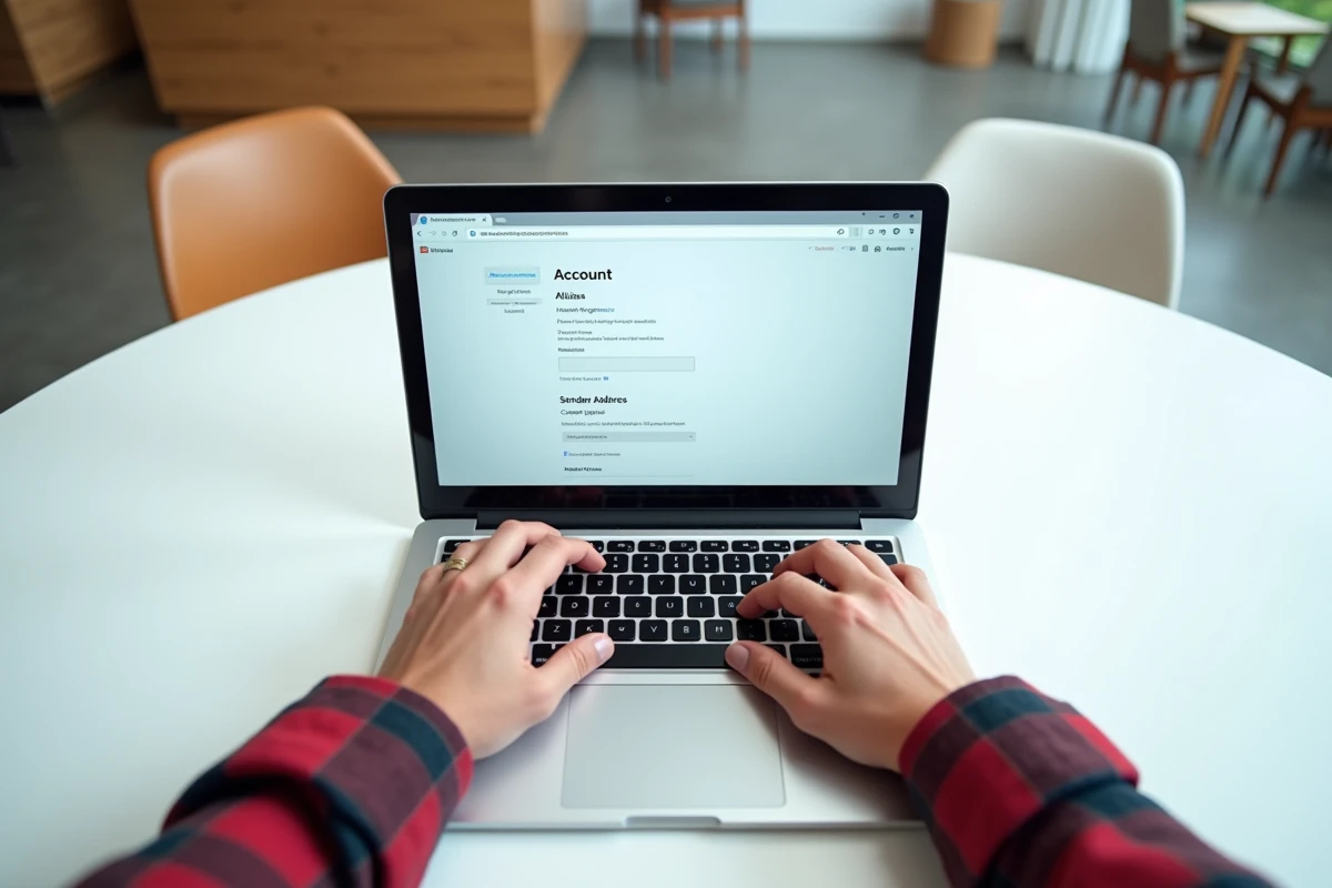 Mains configurant les paramètres d'alias email sur un ordinateur portable en espace de coworking