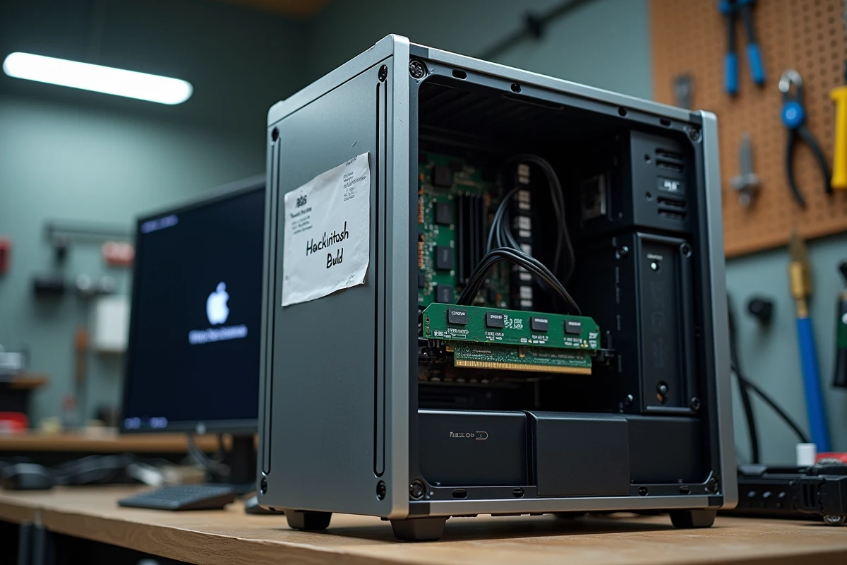 Tour PC ouverte avec composants matériels visibles et écran de démarrage macOS Ventura dans un atelier de montage informatique