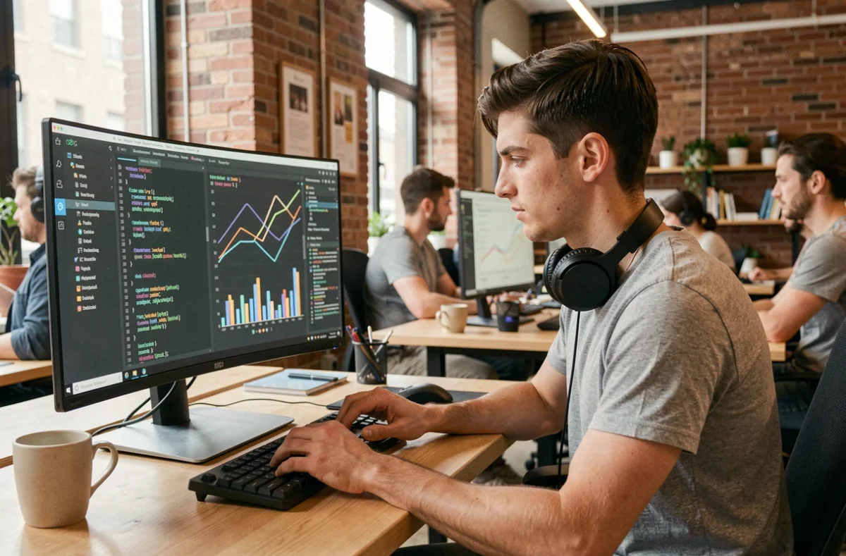 Développeur de PERFLINKER codant sur un moniteur ultrawide dans un espace de travail moderne et collaboratif