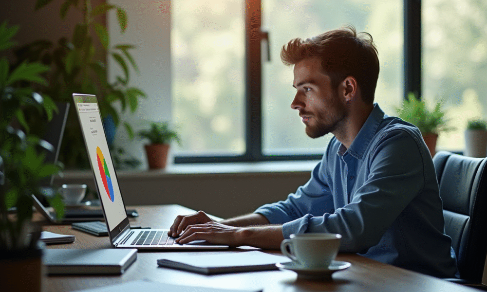 Personne au bureau avec un spinner Google sur l'écran