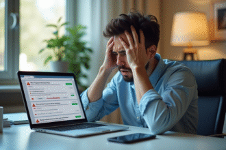 Personne stressée devant un ordinateur avec alertes de mot de passe compromis