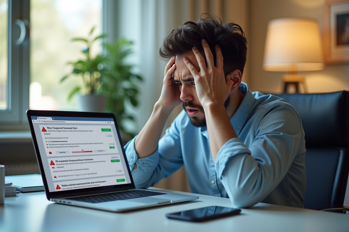 Personne stressée devant un ordinateur avec alertes de mot de passe compromis
