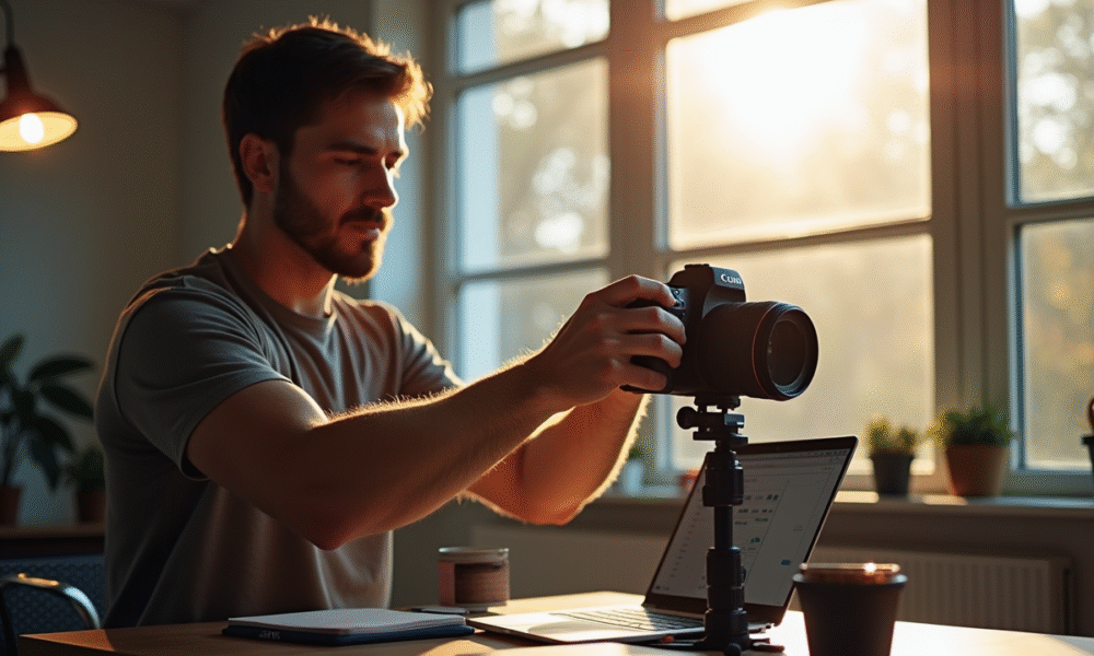 Photographe ajustant un appareil Canon EOS dans un studio lumineux