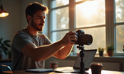Photographe ajustant un appareil Canon EOS dans un studio lumineux