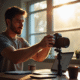 Photographe ajustant un appareil Canon EOS dans un studio lumineux