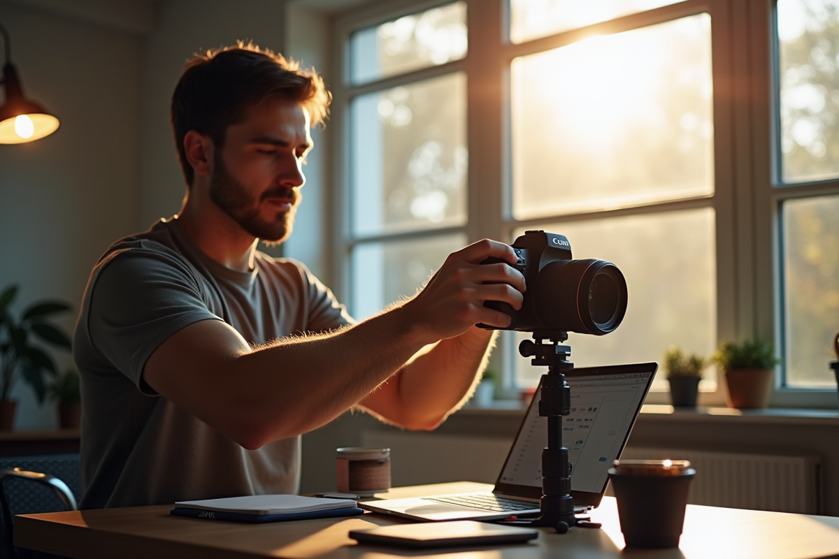 Photographe ajustant un appareil Canon EOS dans un studio lumineux