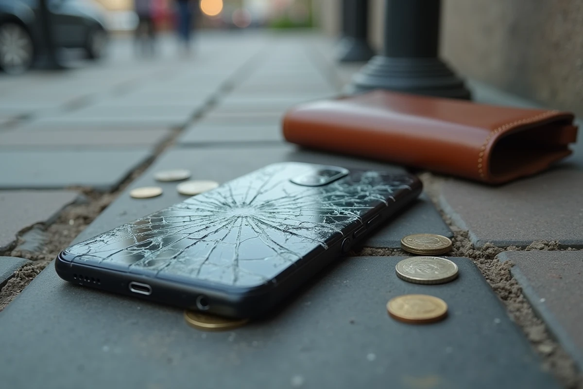 Google Pixel 8 Pro avec écran fissuré sur le sol après une chute accidentelle illustrant l'importance de l'assurance