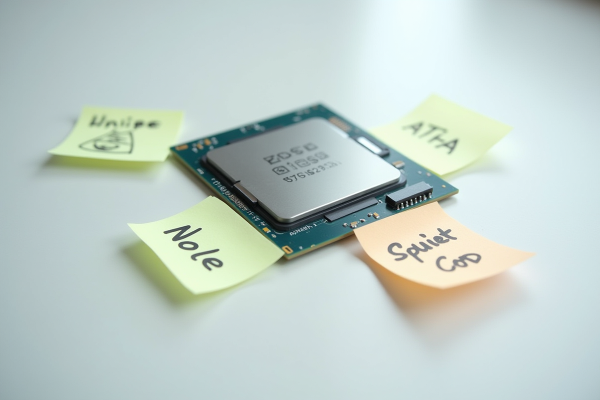 Processeur intel sur une surface blanche avec notes de dépannage
