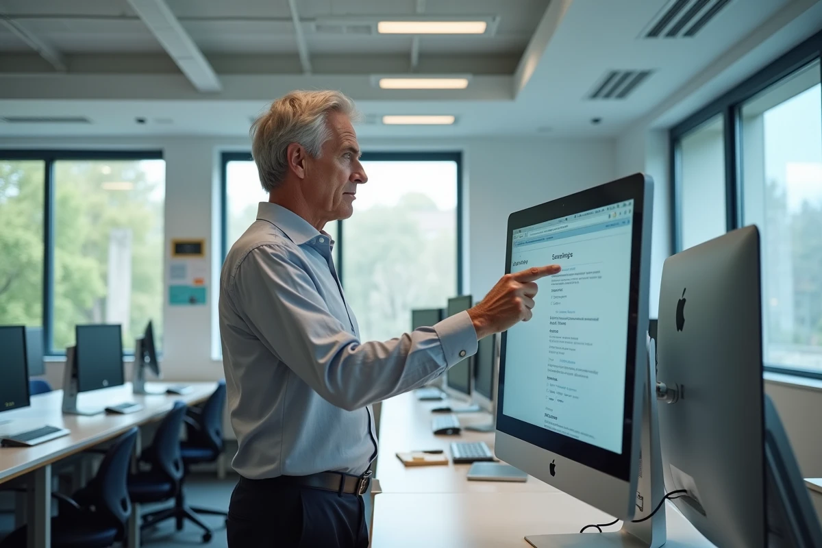 Professeur paramétrant les filtres et la signature de son webmail ac-normandie dans une salle informatique scolaire