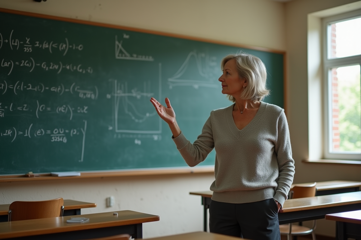 Professeure devant un tableau de lambda calculus en classe