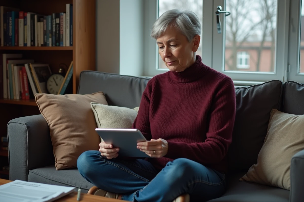 Professeure vérifiant le partage de documents de cours via ZIMBRA Unicaen sur une tablette depuis son bureau à domicile