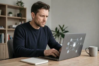Homme concentré analysant la sécurité de son ordinateur portable pour protéger ses données personnelles contre les logiciels espions