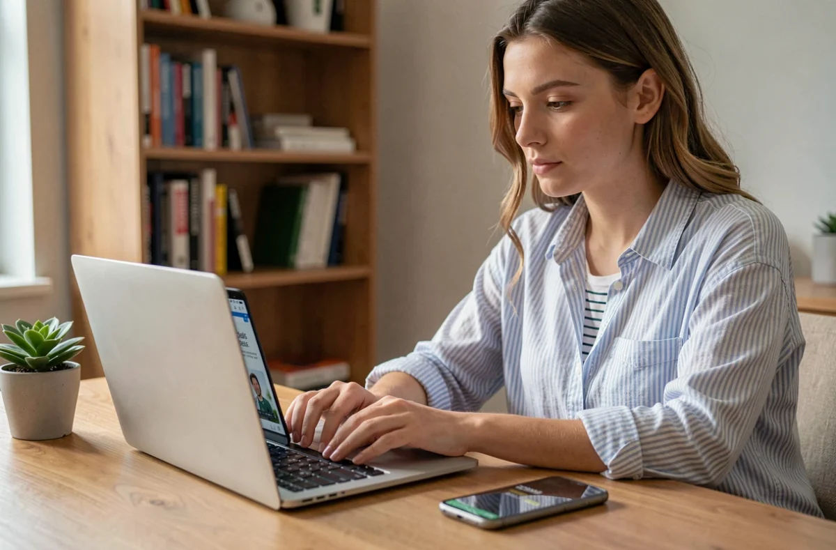 Jeune femme recherchant des promos téléphone à moins de 200 euros sur son ordinateur portable avec un smartphone posé sur le bureau