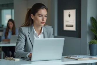 Femme professionnelle tentant de récupérer son mot de passe Zimbra sur un ordinateur portable au bureau