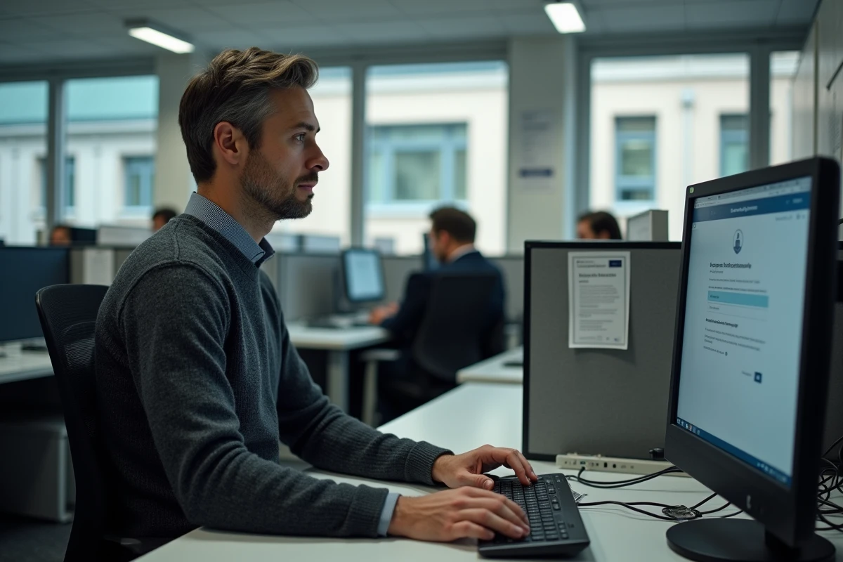 Employé administratif d'université réinitialisant son mot de passe webmail sur un ordinateur de bureau dans un open space académique