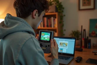 Jeune homme jouant à un jeu Pokémon en français sur une Game Boy Advance SP avec des cartouches rétro visibles sur un bureau en bois