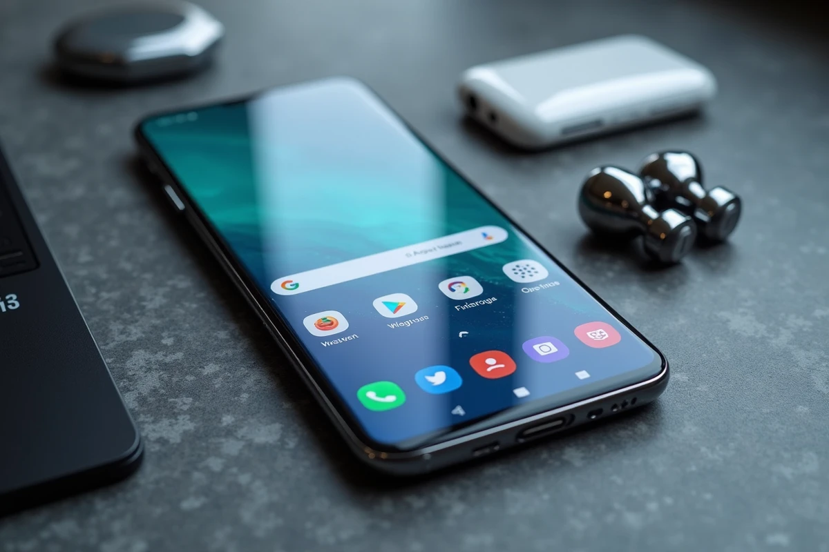 Samsung Galaxy A35 5G posé sur une surface ardoise avec accessoires, vue à plat pour test produit