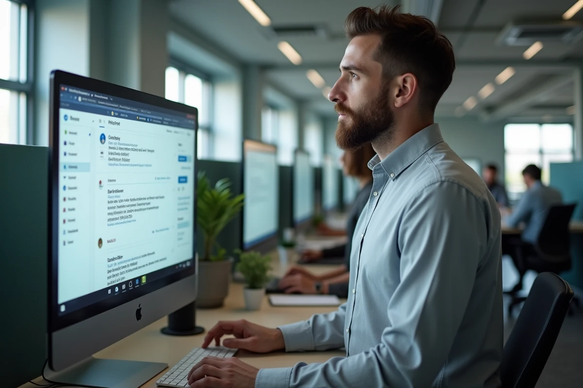 Scientifique masculin utilisant un webmail institutionnel sur un grand écran dans un espace de travail de recherche partagé