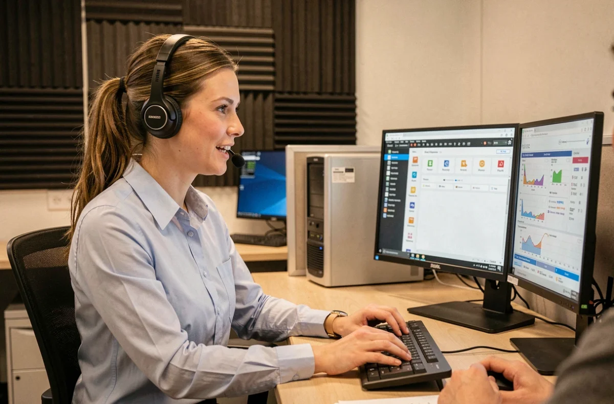 Spécialiste support informatique de SDMI 2.0 gérant une session d'assistance à distance depuis son bureau