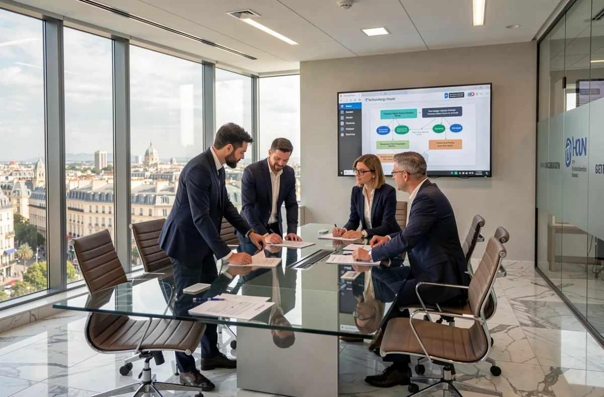 Équipe de consultants de Sopra Steria Group en réunion stratégique dans un bureau d'entreprise avec vue sur Marseille