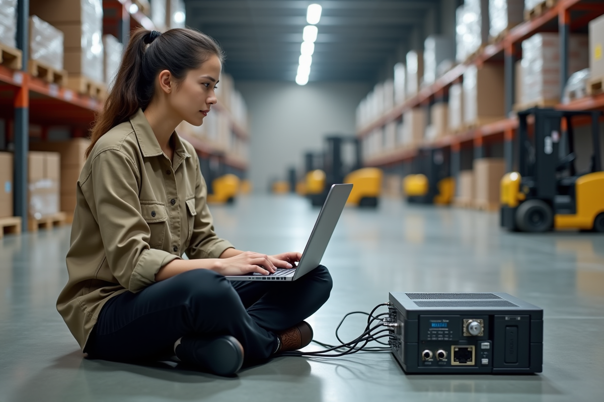 Jeune technicienne surveillant un noeud edge dans un entrepôt