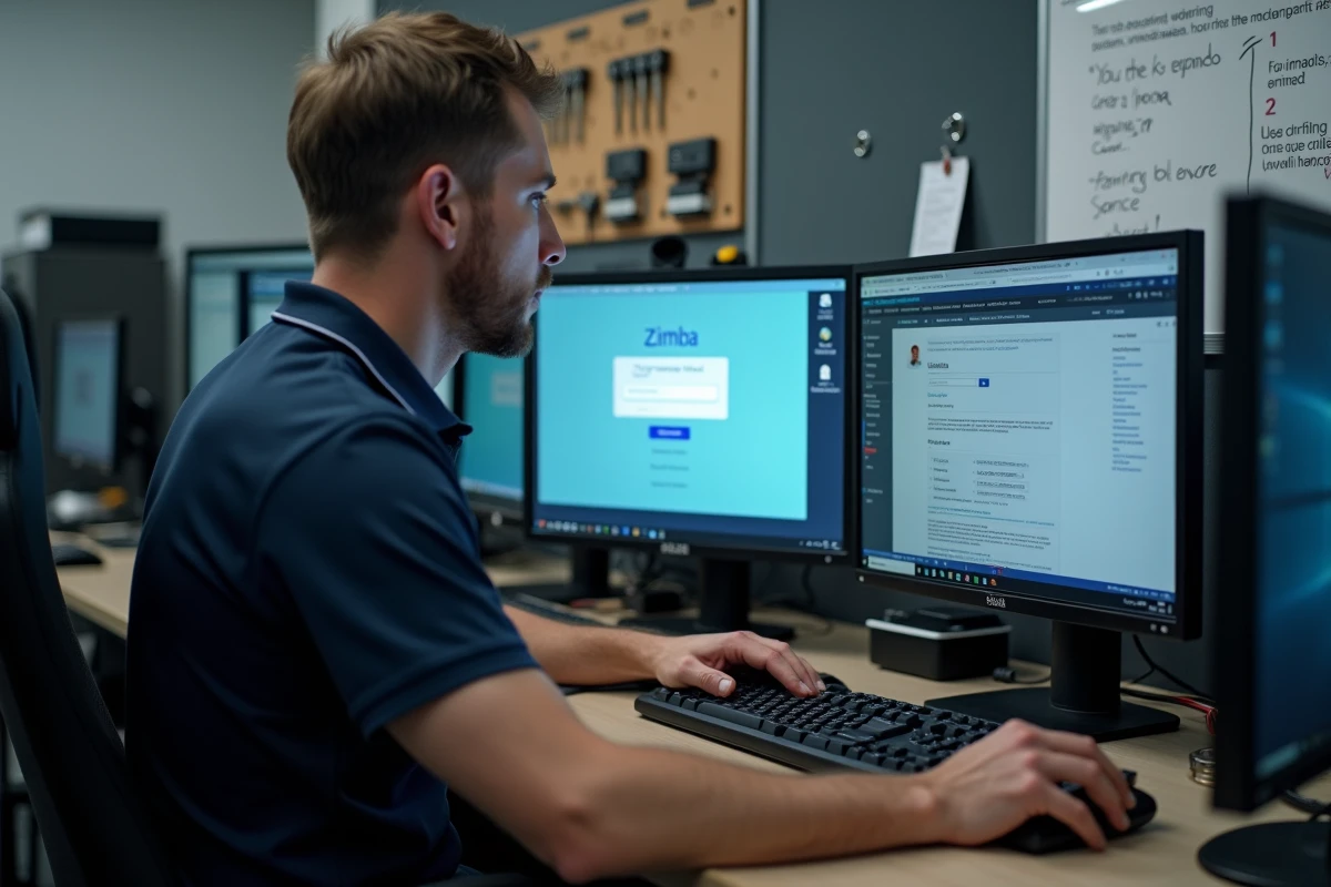 Technicien informatique aidant à réinitialiser un mot de passe sur l'interface webmail Zimbra