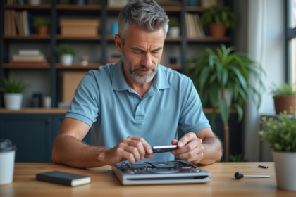 Technicien homme remplaçant un disque dur d'ordinateur portable