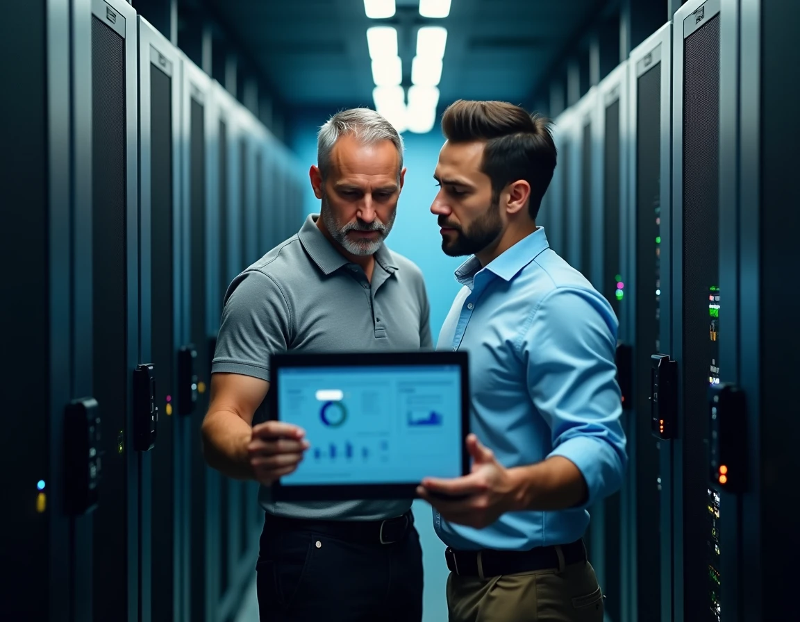 Deux techniciens informatiques discutant d'une mise à jour de drivers sur un tableau de bord dans une salle des serveurs