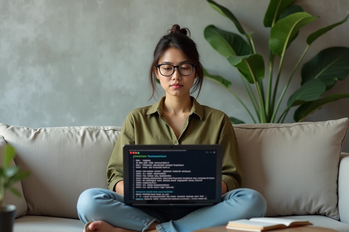 Jeune femme consultant un terminal de téléchargement d'ISO macOS sur un ordinateur portable dans un salon moderne et minimaliste