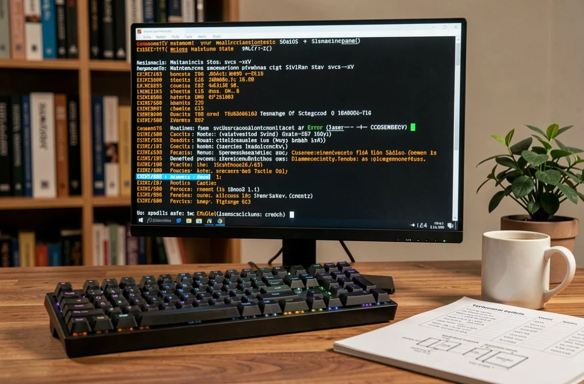 Écran de terminal Solaris affichant la commande svcs -xv avec des services en état maintenance sur un bureau de développeur