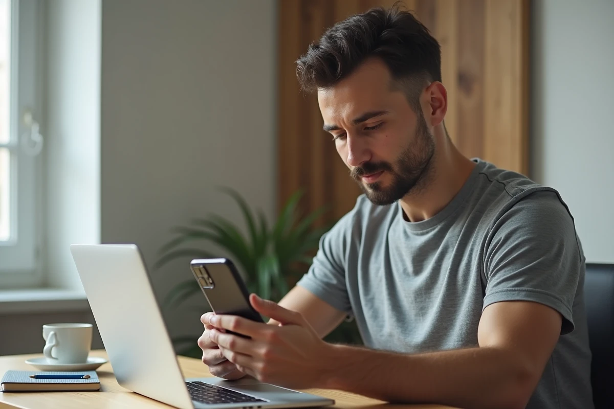 Homme tenant un Samsung Galaxy A35 5G dans les mains à son bureau, testant le smartphone au quotidien