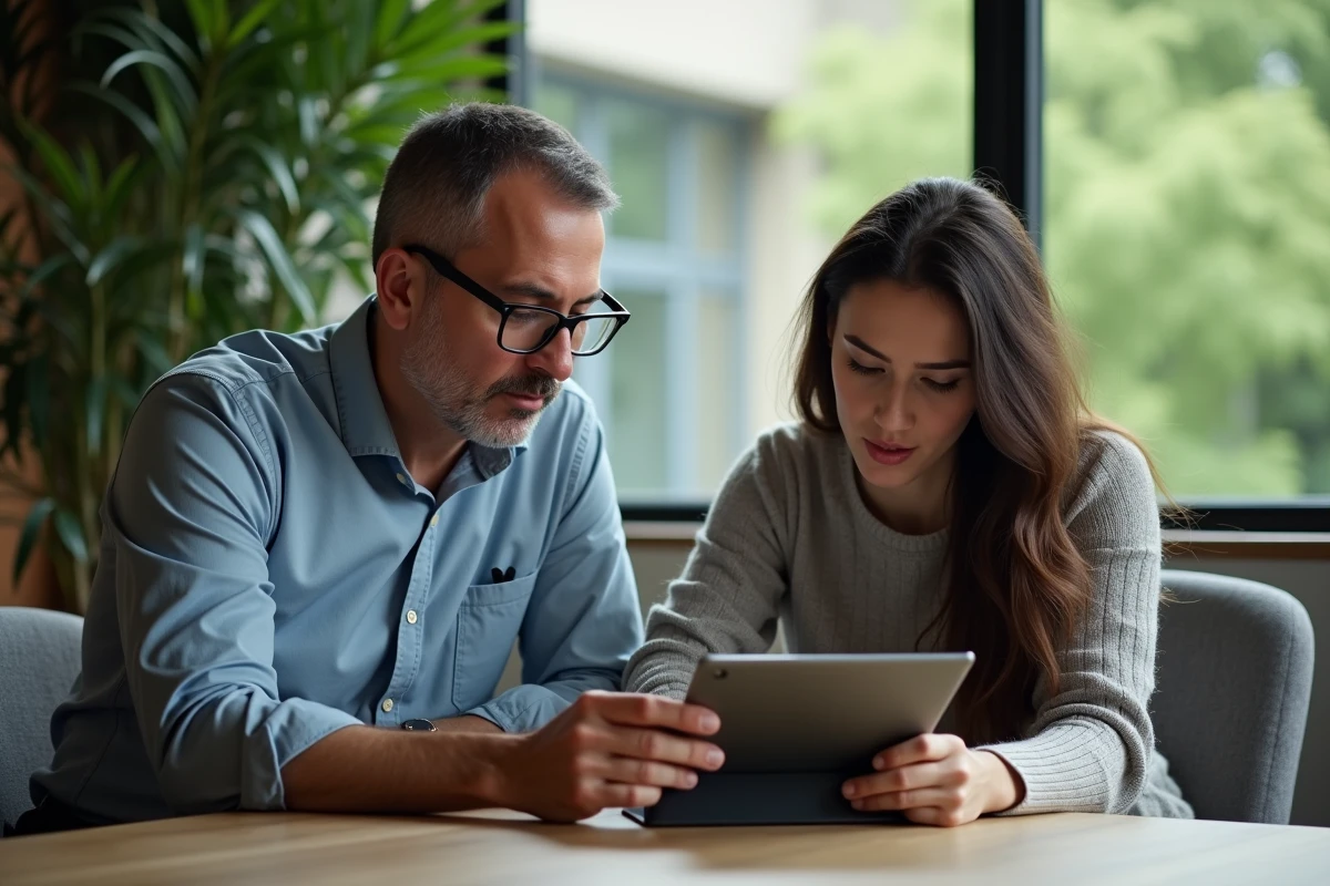 Homme observant une jeune femme testant une tablette dans un espace convivial