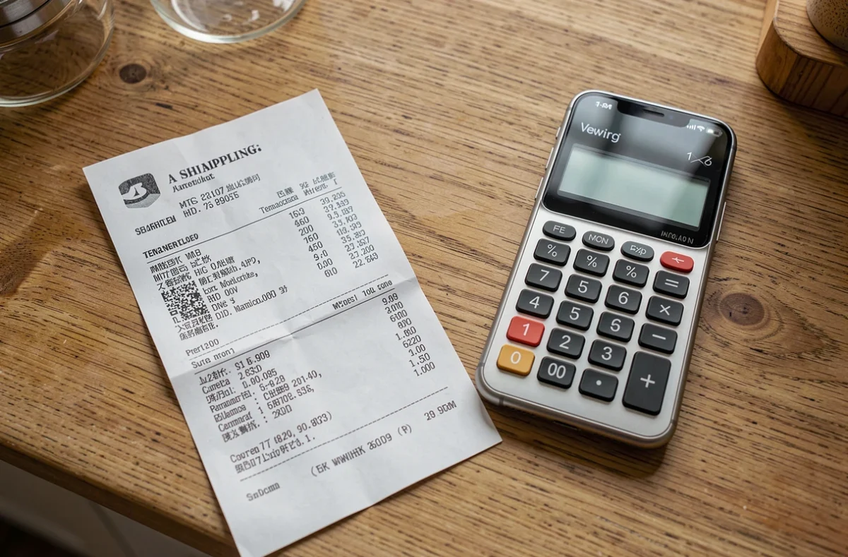 Ticket de caisse et calculatrice de téléphone sur une table