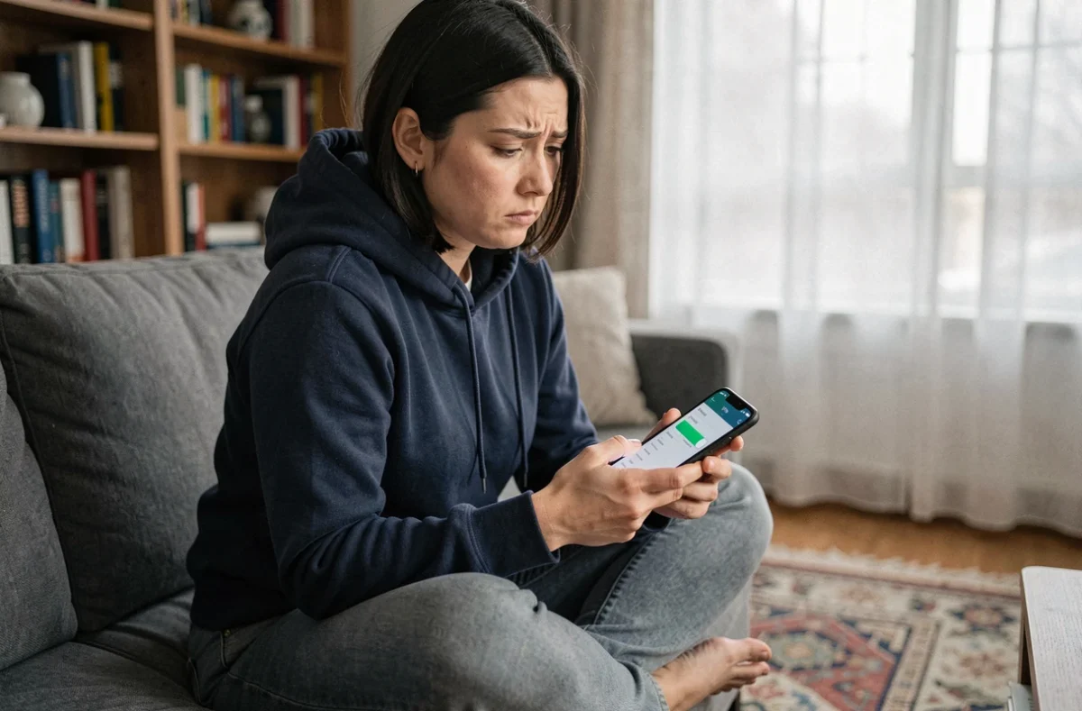 Femme vérifiant les paramètres VPN sur son smartphone depuis son canapé pour résoudre un problème de connexion
