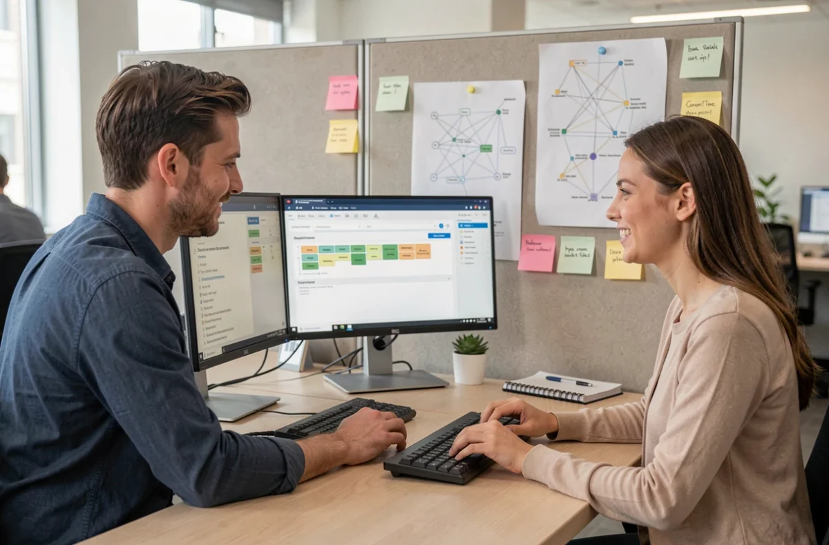 Deux techniciens de Verseit collaborant sur un tableau de bord de déploiement logiciel dans un bureau ouvert