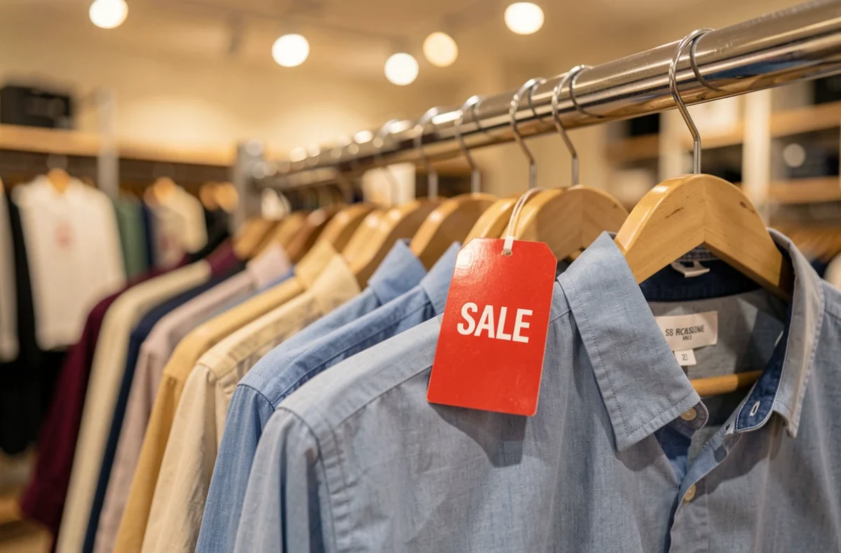 Vêtement soldé avec une étiquette de réduction en boutique