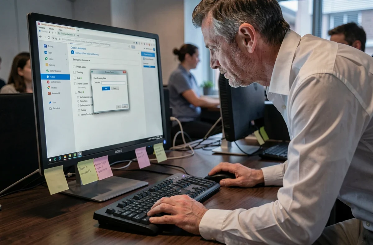 Homme vidant le cache du navigateur sur un ordinateur de bureau en entreprise pour résoudre un problème d'accès à un site web